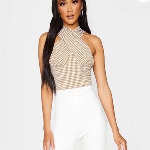 PrettyLittleThing Brown Woven Check Print Underbust Halterneck CrossOver Top NWT